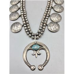 Coin Squash Blossom Necklace with Nice Turquoise