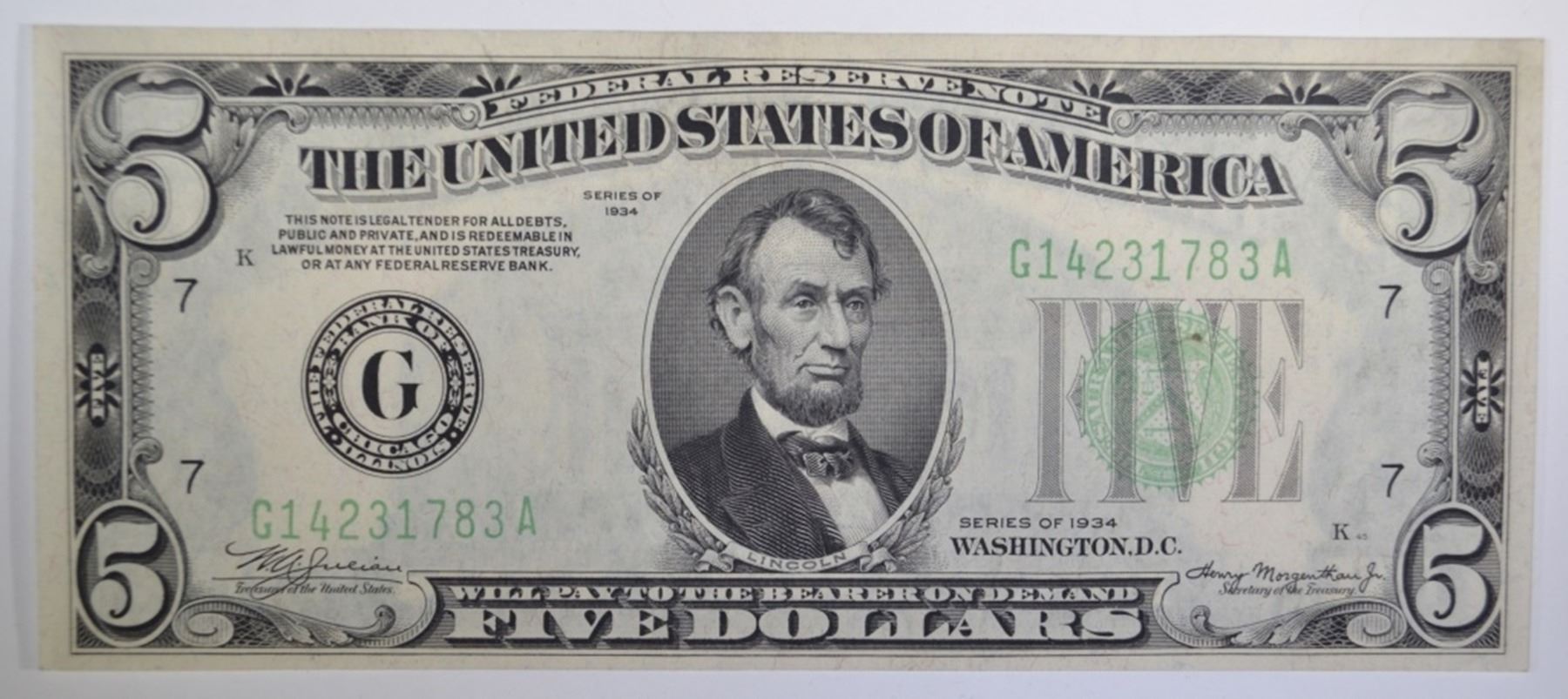 1934 5 FEDERAL RESERVE NOTE GEM UNC FR1955 1934 5 FEDERAL RESERVE NOTE GEM UNC FR1955