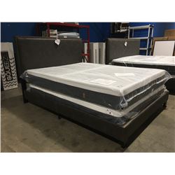 QUEEN SIZE GREY LEATHER UPHOLSTERED WITH METAL ACCENTS BEDFRAME (HEADBOARD, FOOTBOARD & RAILS)