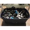 Image 1 : BLUE RUBBER STORAGE BIN FILLED WITH  ASSTD SETS OF SNOWBOARD BINDINGS