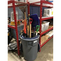 2 GARBAGE CANS WITH LIDS FILLED WITH ASSTD YARD & LANDSCAPING TOOLS