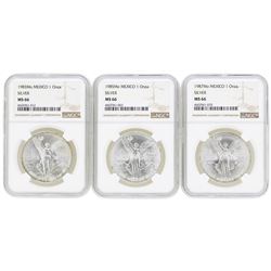 Lot of (3) Mexico 1 Onza Silver Libertad Coins NGC MS66