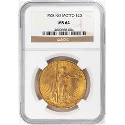 1908 No Motto $20 St. Gaudens Double Eagle Gold Coin NGC MS64