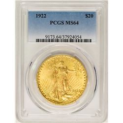 1922 $20 St. Gaudens Double Eagle Gold Coin PCGS MS64