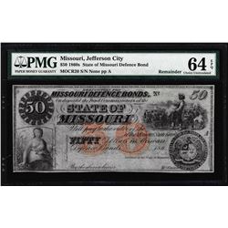 1860's $50 State of Missouri Defence Bond Obsolete Note PMG Choice Uncirculated 64EPQ