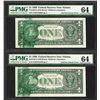Image 1 : (2) Consec. 1999 $1 Federal Reserve Notes Solvent Smear ERROR PMG Ch. Uncirculated 64