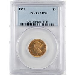 1874 $3 Indian Princess Head Gold Coin PCGS AU58