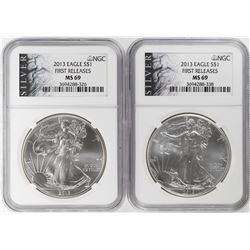 Lot of (2) 2013 $1 American Silver Eagle Coins NGC MS69