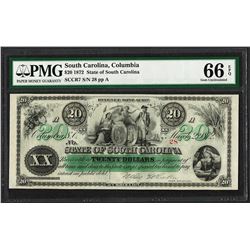 1872 $20 State of South Carolina Revenue Bond Obsolete Note PMG Gem Uncirculated 66EPQ