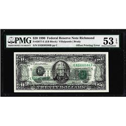 1990 $20 Federal Reserve Note Offset Printing ERROR PMG About Uncirculated 53EPQ
