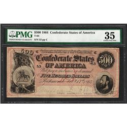 1864 $500 Confederate States of America Note T-64 PMG Choice Very Fine 35