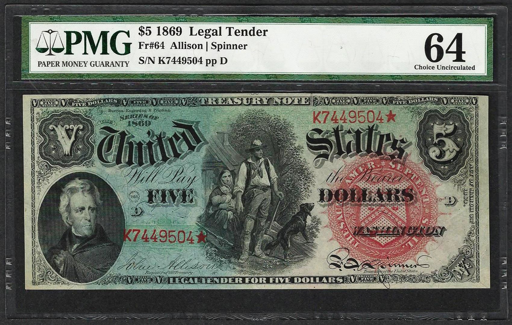 1869 $5 Legal Tender Woodchopper Rainbow - FR 64 - PMG 66EPQ Magnifi 1869 $5 Legal Tender Woodchopper Rainbow - FR 64 - PMG 66EPQ Magnifi