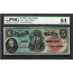 1869 $5 Rainbow Woodchopper Legal Tender Note Fr.64 PMG Choice Uncirculated 64
