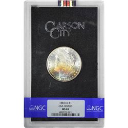 1883-CC $1 Morgan Silver Dollar Coin GSA Hoard NGC MS65 Amazing Toning