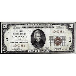 1929 $20 First National Bank of Cincinnati, Ohio CH# 24 National Currency Note