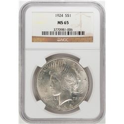 1924 $1 Peace Silver Dollar Coin NGC MS65