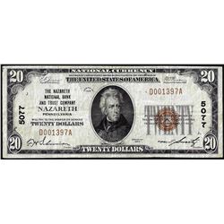 1929 $20 NB & Trust Nazareth, Pennsylvania CH# 5077 National Currency Note