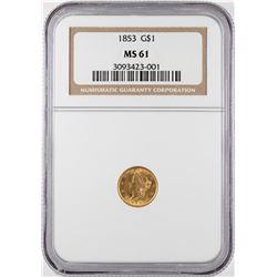 1853 $1 Liberty Head Gold Dollar Coin NGC MS61