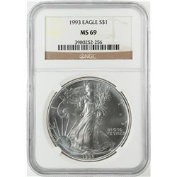 1993 $1 American Silver Eagle Coin NGC MS69