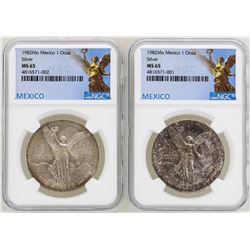 Lot of (2) 1982Mo Mexico Libertad Onza Silver Coins NGC MS65