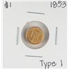 Image 1 : 1853 Type 1 $1 Liberty Head Gold Dollar Coin