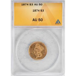 1874 $3 Indian Princess Head Gold Coin ANACS AU50