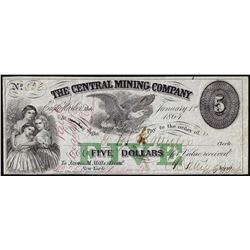 1864 $5 Central Mining Company Eagle Harbor, Michigan Obsolete Note