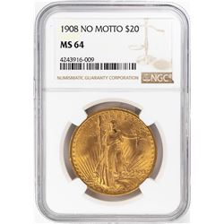 1908 No Motto $20 St. Gaudens Double Eagle Gold Coin NGC MS64