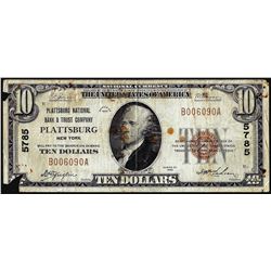 1929 $10 NB & Trust Company Plattsburgh, New York CH# 5785 National Currency Note