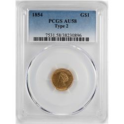 1854 Type 2 $1 Indian Princess Head Gold Dollar Coin PCGS AU58
