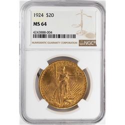 1924 $20 St. Gaudens Double Eagle Gold Coin NGC MS64