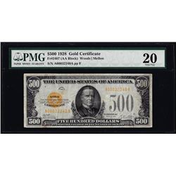 1928 $500 Gold Certificate Note Fr.2407 PMG Very Fine 20