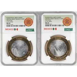 Lot of (2) 2007Mo Mexico Bi-metal 100 Pesos Silver Coins NGC MS64