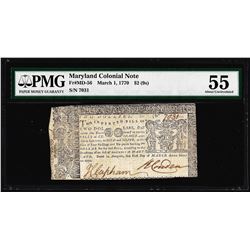 March 1, 1770 $2 Maryland Colonial Currency Note Fr. MD-56 PMG About Uncirculated 55