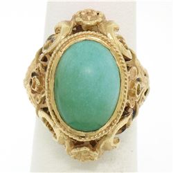 14k Yellow Gold Etched Open Work Bezel Set Oval Cabochon Persian Turquoise Solit