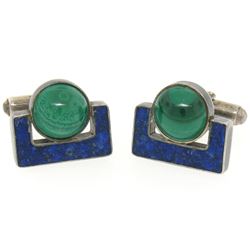 Sterling Silver Malachite & Lapis Swivel Cuff Links