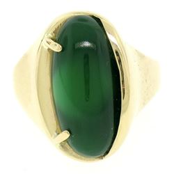 Men's 14k Yellow Gold Oval Cabochon Green Onyx Solitaire Engulfing Ring