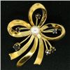 Image 2 : 18k Yellow Gold Multi Ribbon Sapphire and Pearl Elegant Pin Brooch