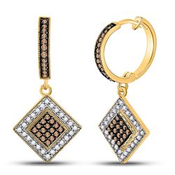 Round Brown Diamond Diagonal Square Dangle Earrings 1/2 Cttw 10kt Yellow Gold
