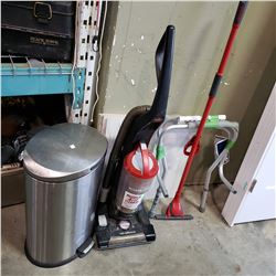 BISSELL VACUUM, STICK MOP, AND TOILET SFETY FRAME W/ STAINLESS GARBAGE