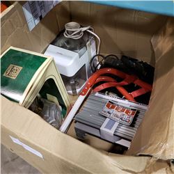 BOX OF EMERGENCY FIRE LADDER, VINTAGE SPOTLIGHT, OIL LAMP, AND JUICER