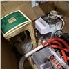 Image 2 : BOX OF EMERGENCY FIRE LADDER, VINTAGE SPOTLIGHT, OIL LAMP, AND JUICER