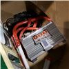 Image 3 : BOX OF EMERGENCY FIRE LADDER, VINTAGE SPOTLIGHT, OIL LAMP, AND JUICER