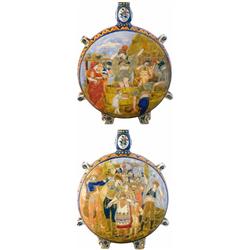 Flask with vintage scene, Zsolnay, 1881  