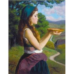 Oszkár Glatz (1872-1958) - Girl with green shawl,