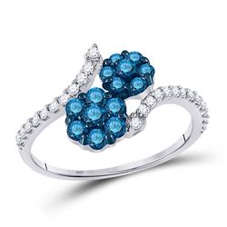 Round Blue Color Enhanced Diamond Double Flower Cluster Ring 3/4 Cttw 10kt White Gold