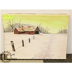 UNTITLED OIL ON CANVAS "SNOWY BARN" SIGNED