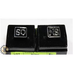 PAIR OF STAINLESS AND BLACK "SONS" SZ 8 RINGS FROM