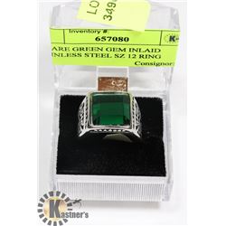 SQUARE GREEN GEM INLAID STAINLESS STEEL SZ 12 RING