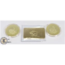 LOT OF REPLICA TROY OUNCE GOLD BAR & KRUGGERRAND